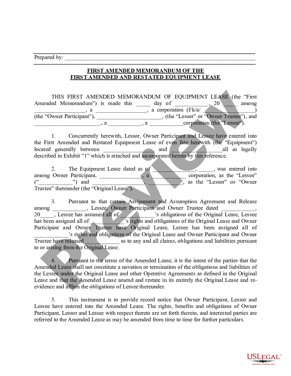 page 0 First Amended Memorandum of The First Amended and Restated Equipment Lease preview