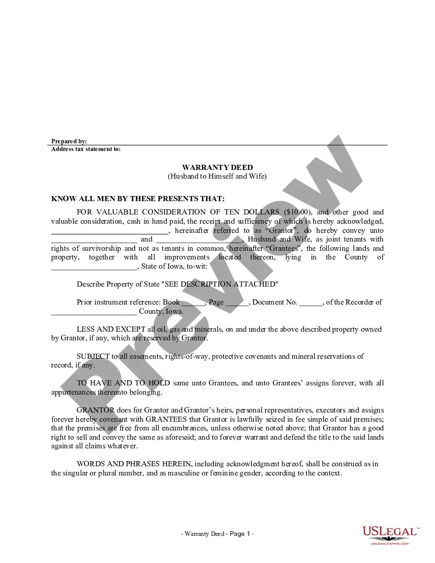 Iowa Warranty Deed From Husband To Himself And Wife Add Spouse To 