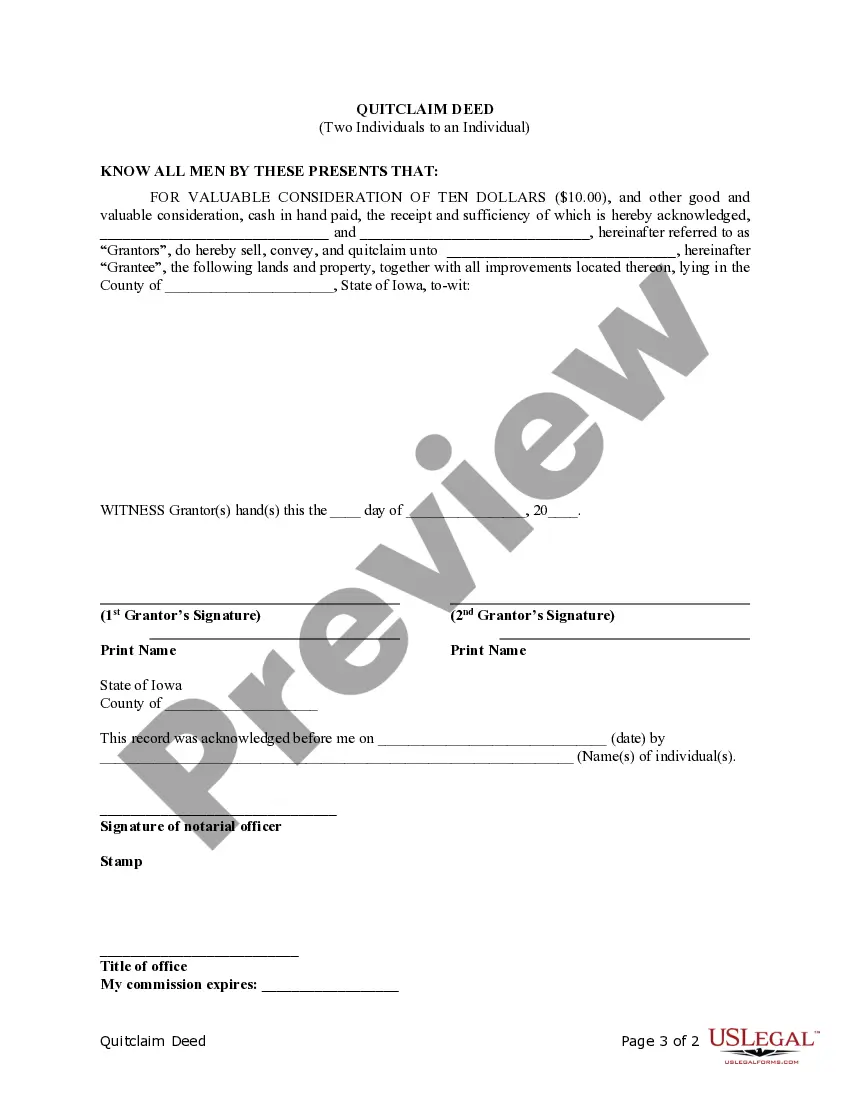 Get Quitclaim Deed from Two Individuals to One Individual Preview Quitclaim Deed from Two Individuals to One Individual