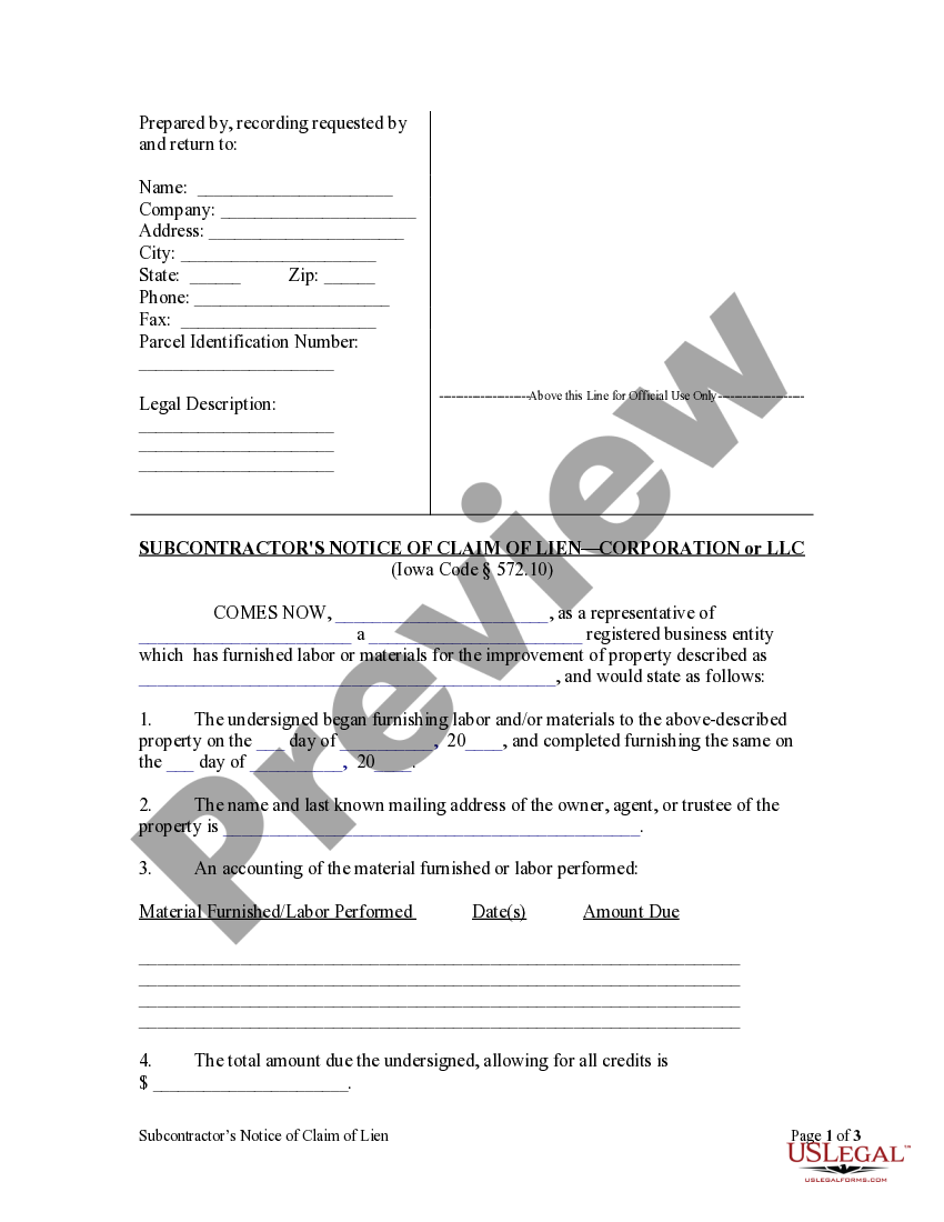 Iowa Notice of Claim of Lien by Corporation or LLC Iowa Limited