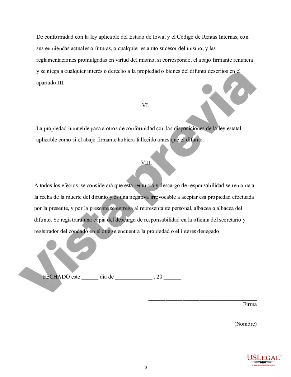 Preview Renuncia y descargo de responsabilidad de los intereses de bienes inmuebles en Iowa