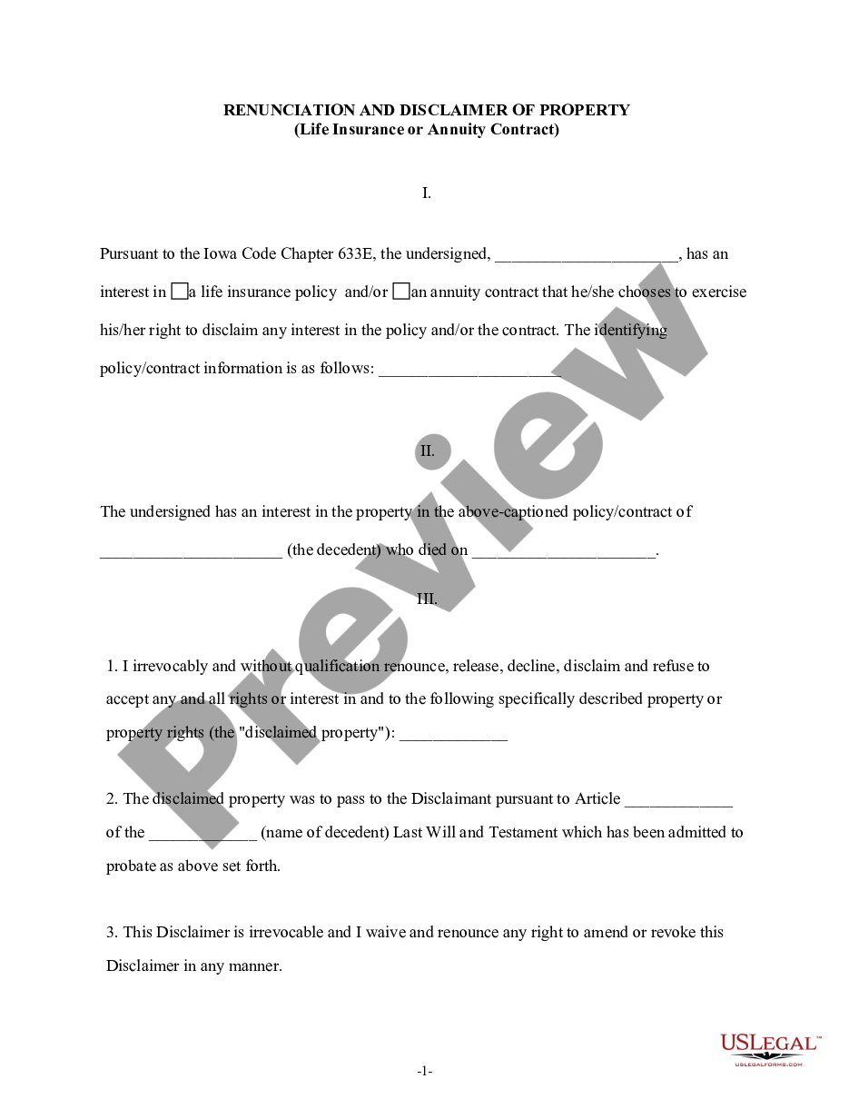 page 0 Iowa Renunciation and Disclaimer of Property from Life Insurance or Annuity Contract preview