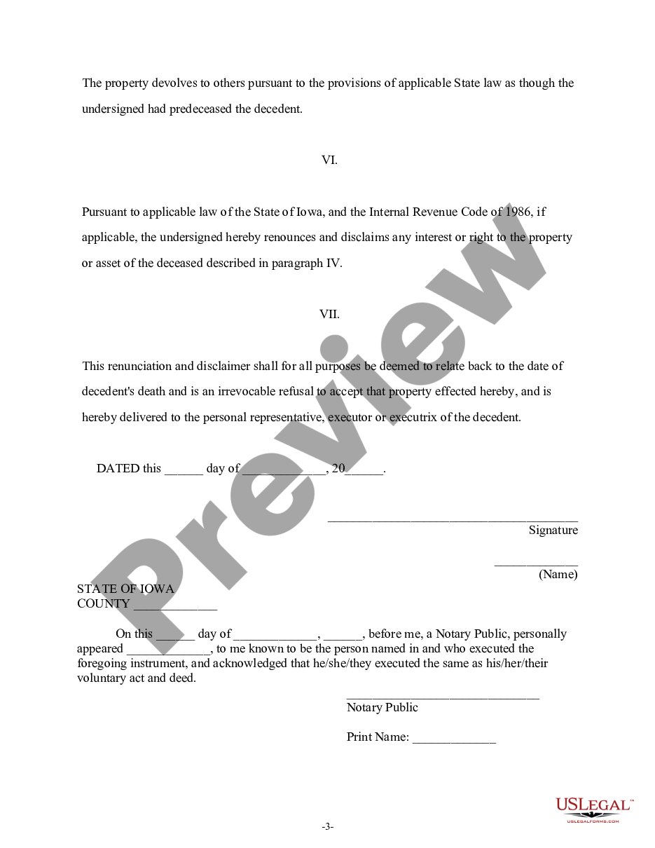 page 2 Iowa Renunciation and Disclaimer of Property from Life Insurance or Annuity Contract preview