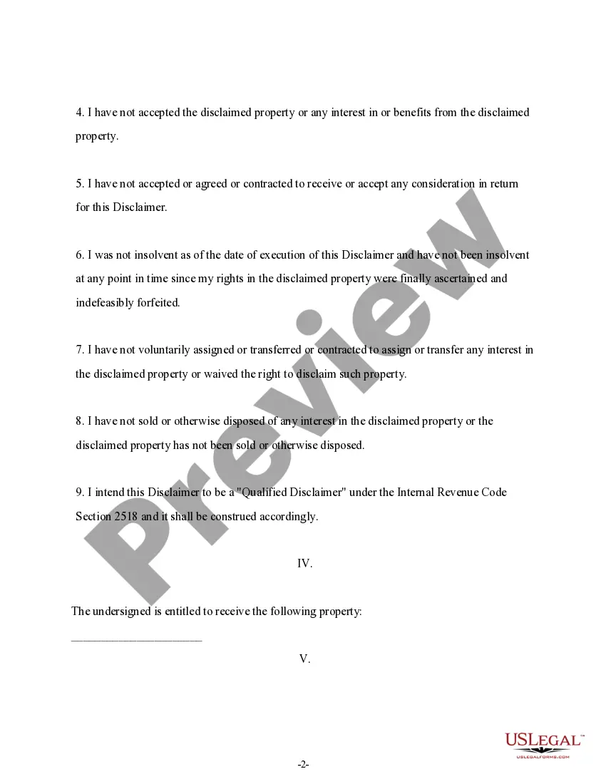 Preview Iowa Renunciation and Disclaimer of Property from Life Insurance or Annuity Contract