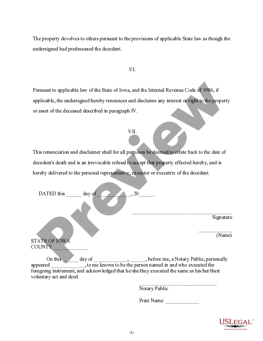 Preview Iowa Renunciation and Disclaimer of Property from Life Insurance or Annuity Contract