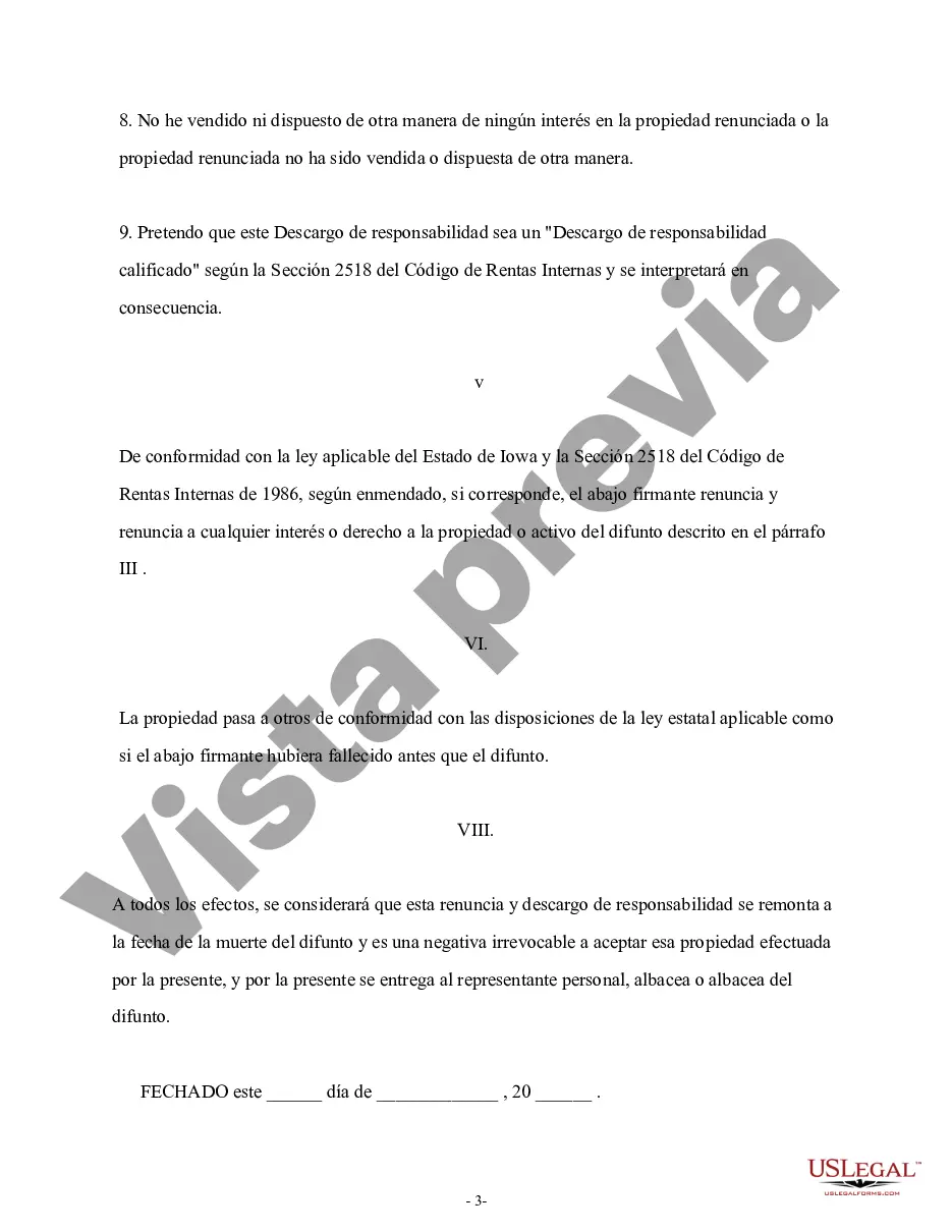 Preview Renuncia y renuncia de propiedad de Iowa recibida por sucesión intestada