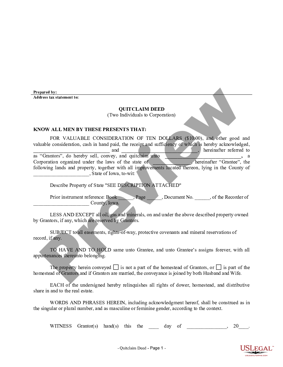 page 0 Quitclaim Deed by Two Individuals to Corporation preview