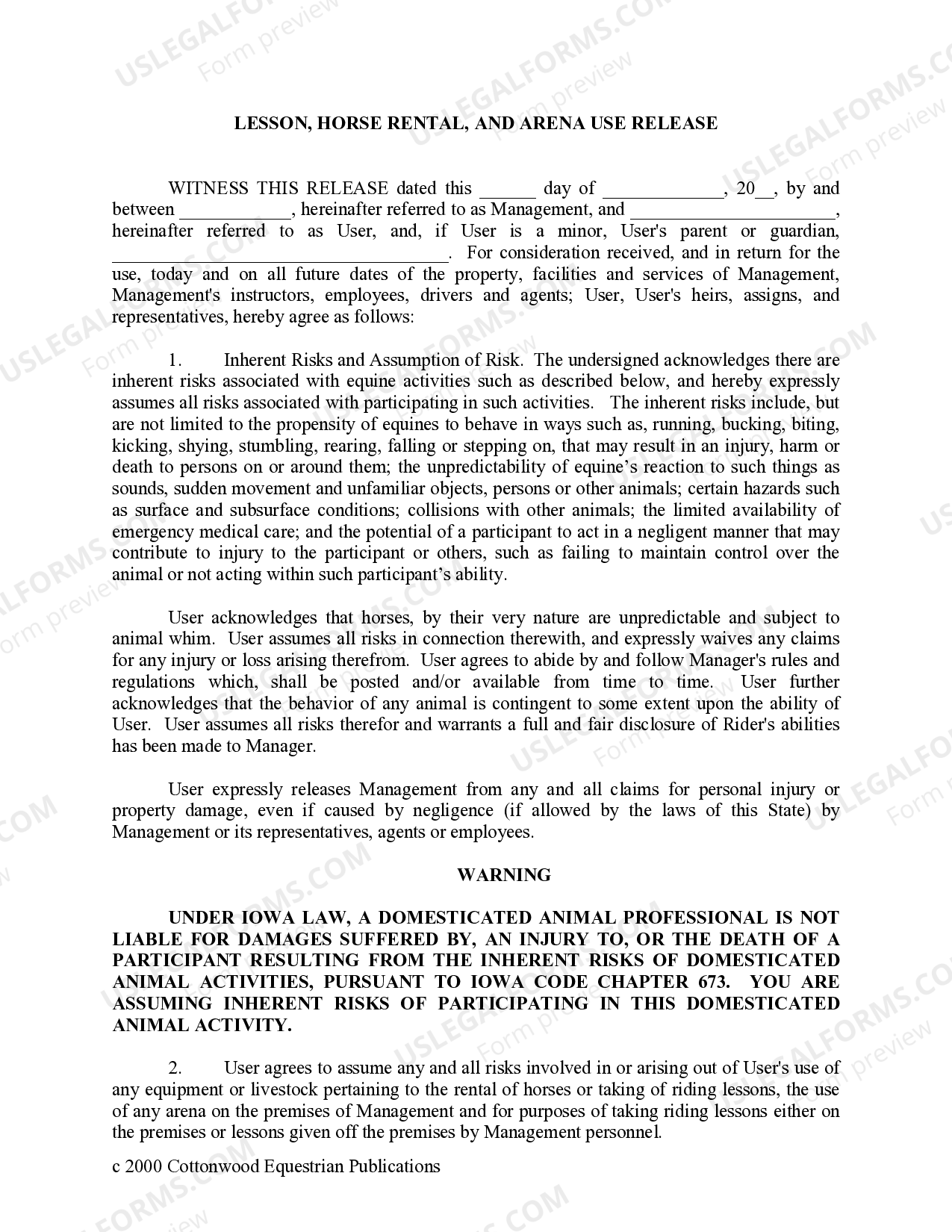 Iowa Lesson, Horse Rental or Lease, and Arena Use Release Horse