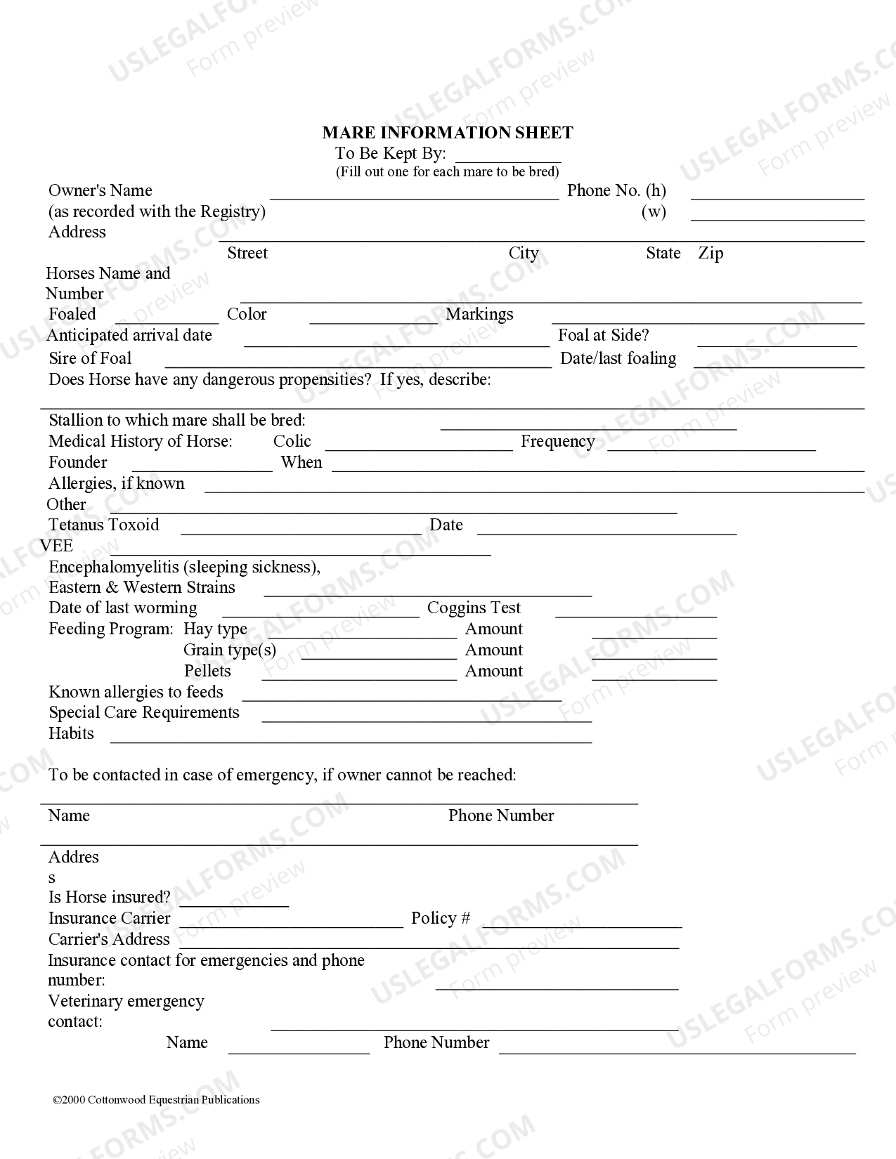 Davenport Iowa Mare Information Sheet Horse Equine Forms US Legal Forms