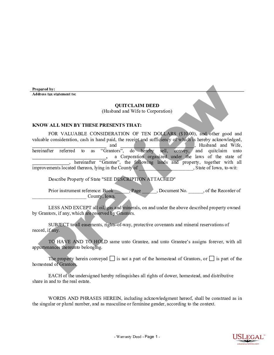page 0 Quitclaim Deed from Husband and Wife to Corporation preview