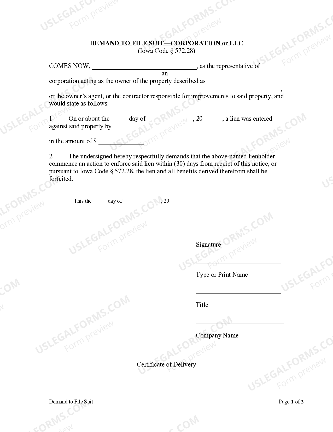 Iowa Demand to File Suit by Corporation or LLC Corporation Limited