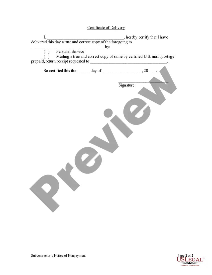 Preview Subcontractor's Notice of Nonpayment by Corporation