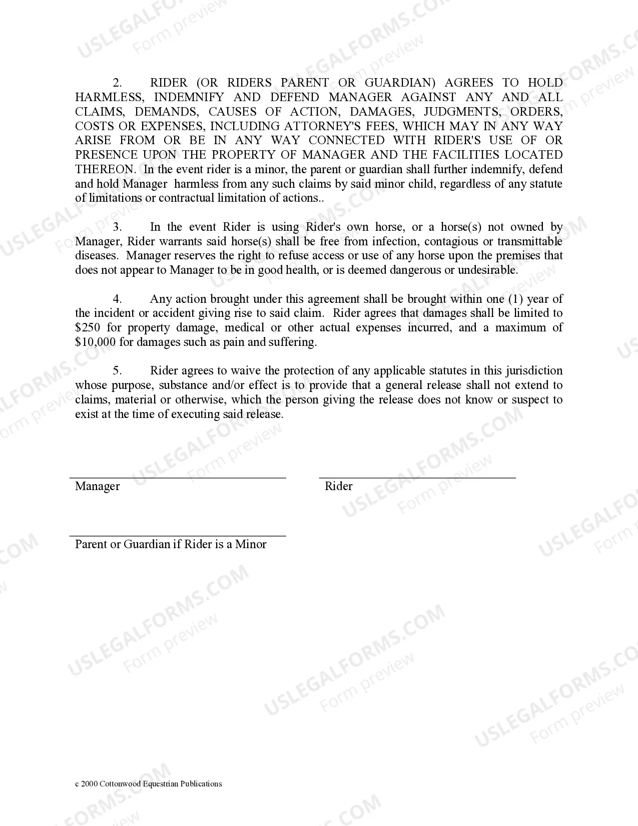 Preview Release of Liability Parent Minor - Horse Equine Forms