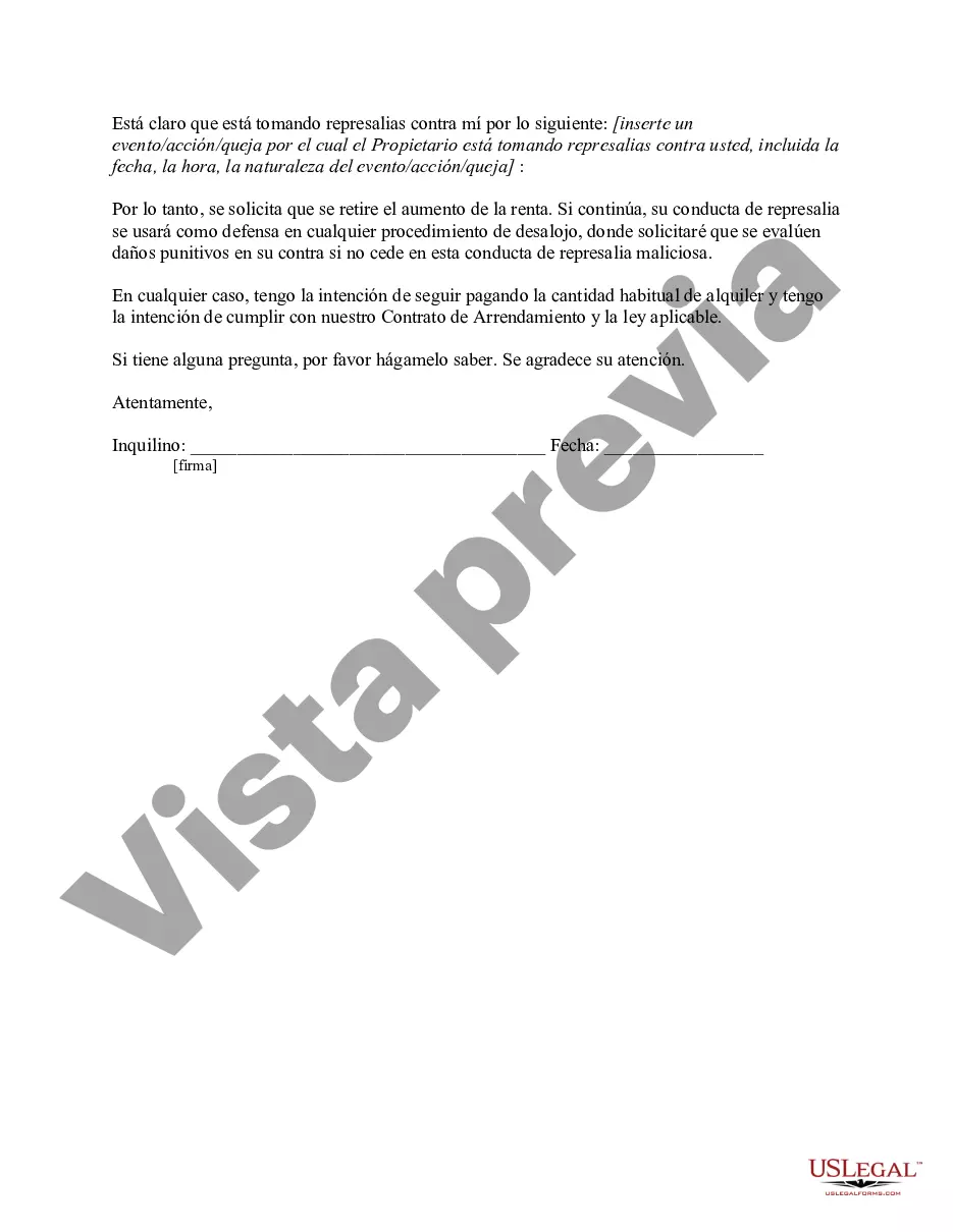 Preview Carta del Inquilino al Propietario que contiene Aviso al propietario para retirar el aumento de alquiler como represalia