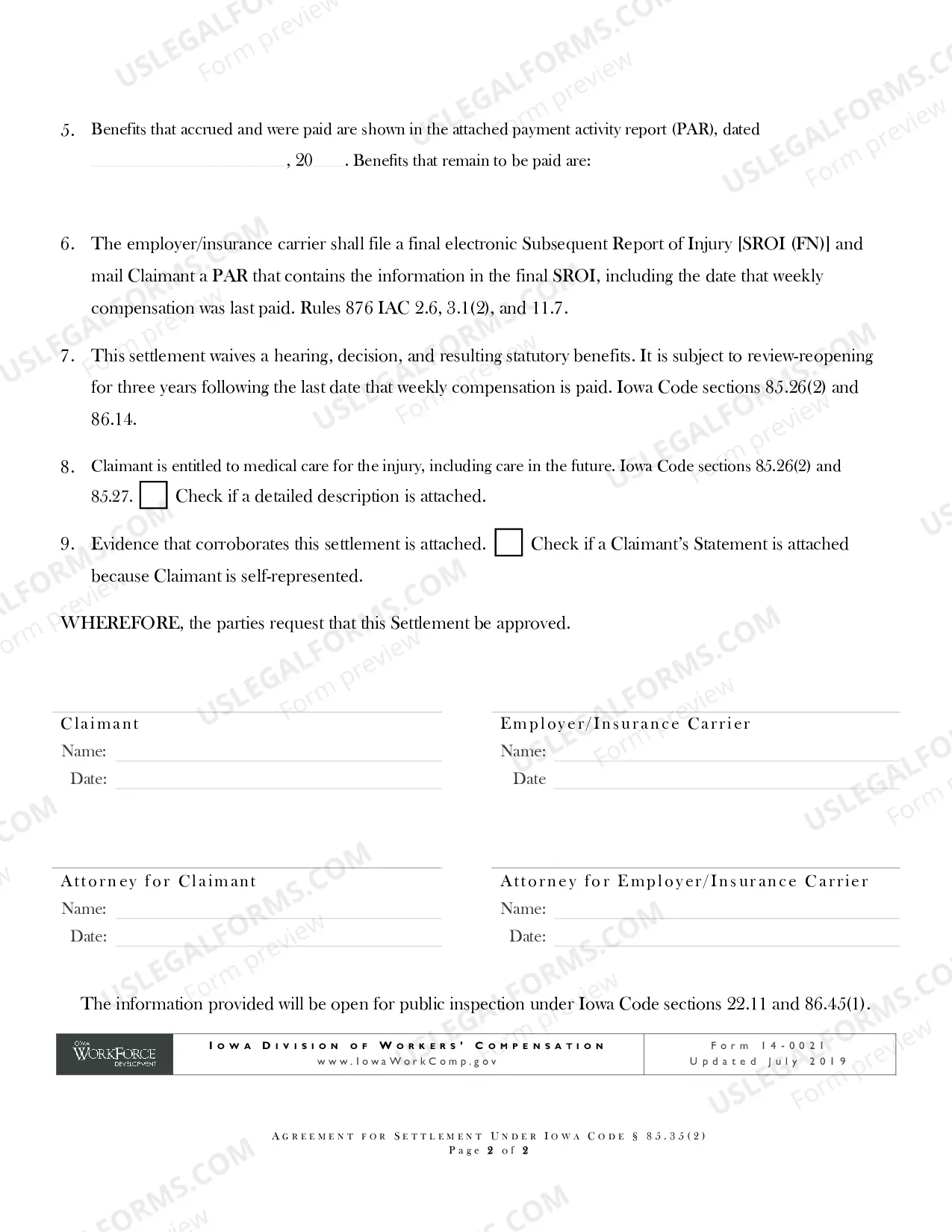 Preview Agreement For Settlement