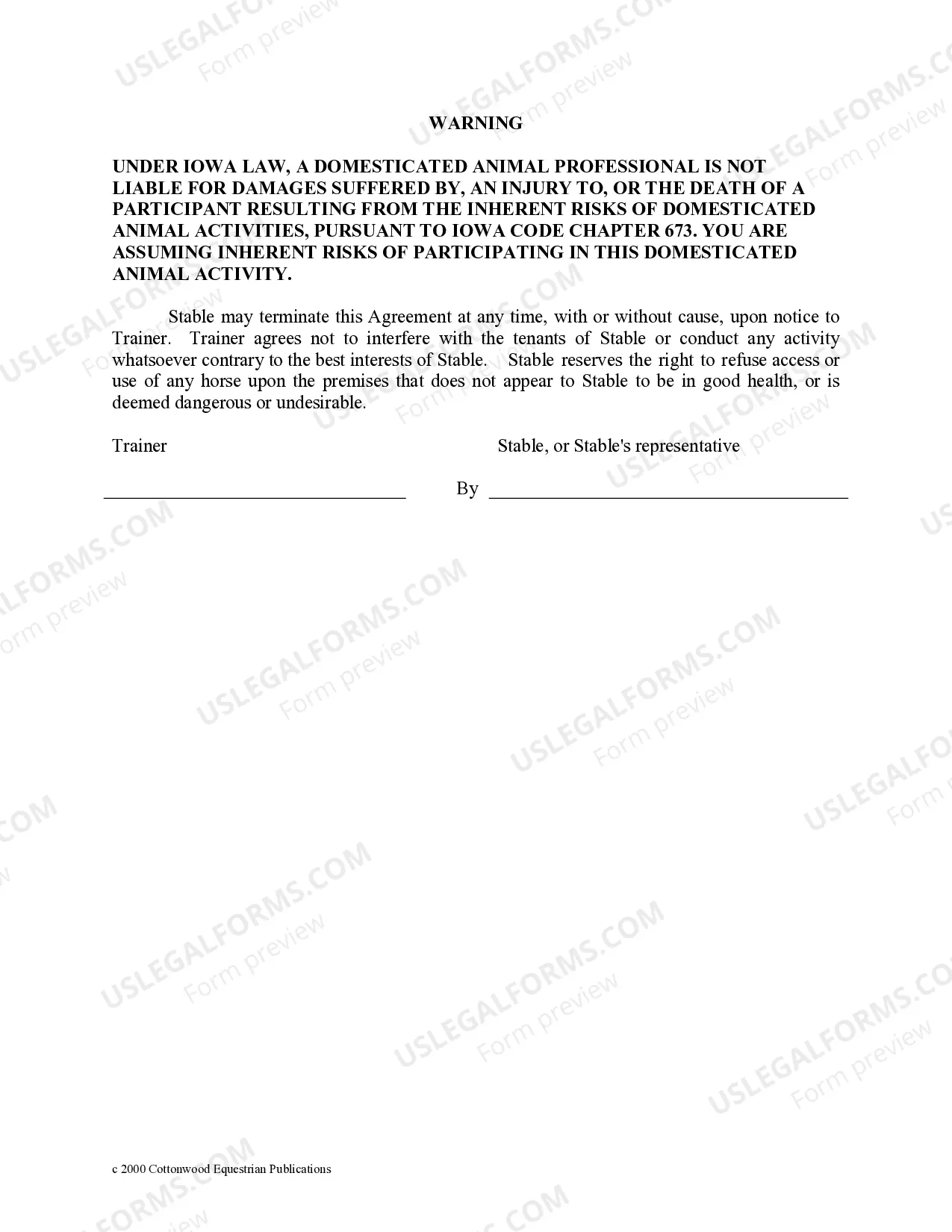 Preview Trainer's Facility Use Agreement - Horse Equine Forms