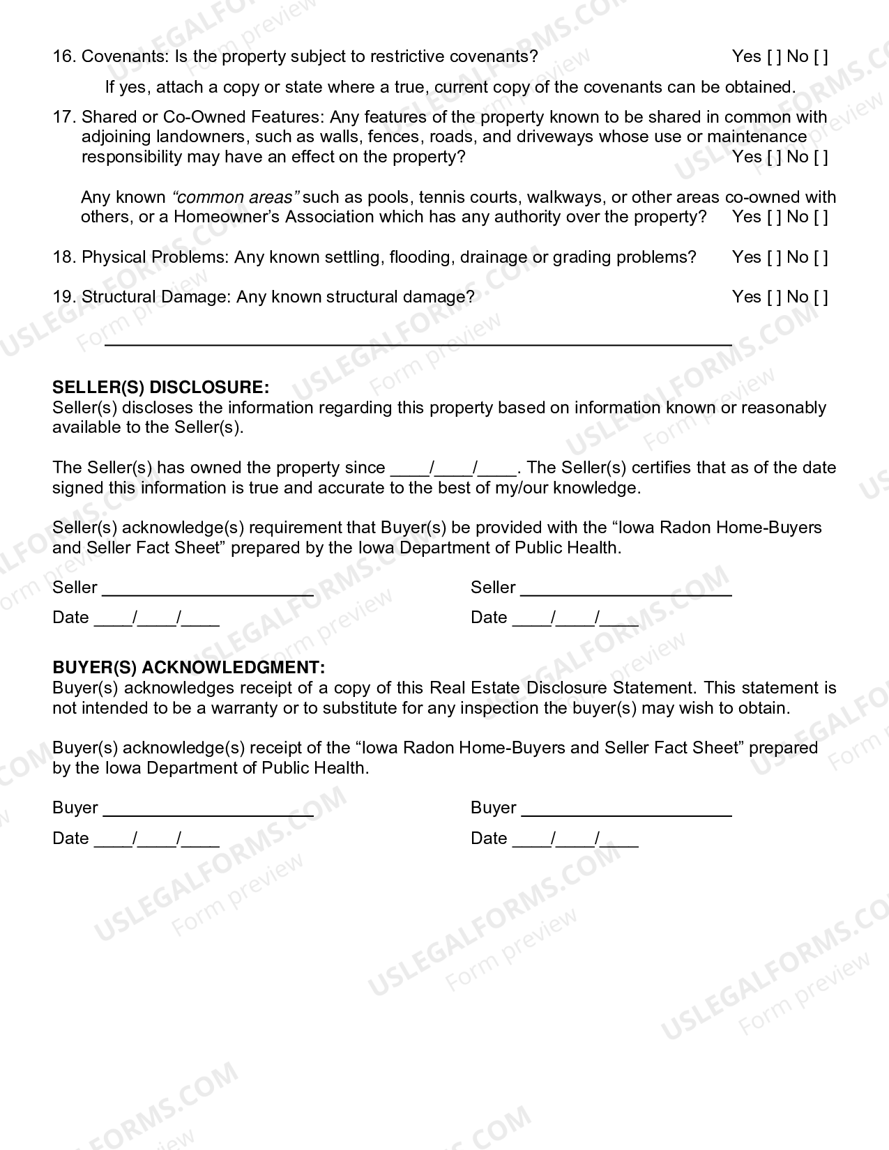 Iowa Residential Real Estate Sales Disclosure Statement Iowa Real