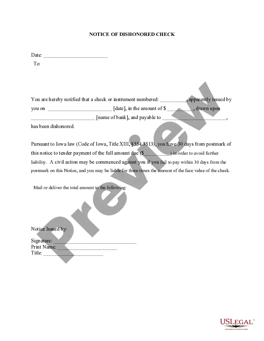 Preview Notice of Dishonored Check - Civil - Keywords: bad check, bounced check
