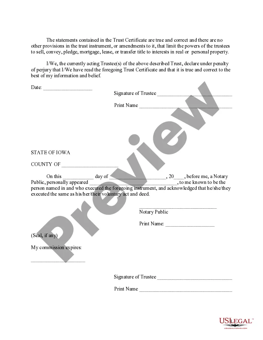 Preview Iowa Certificate of Trust by Individual