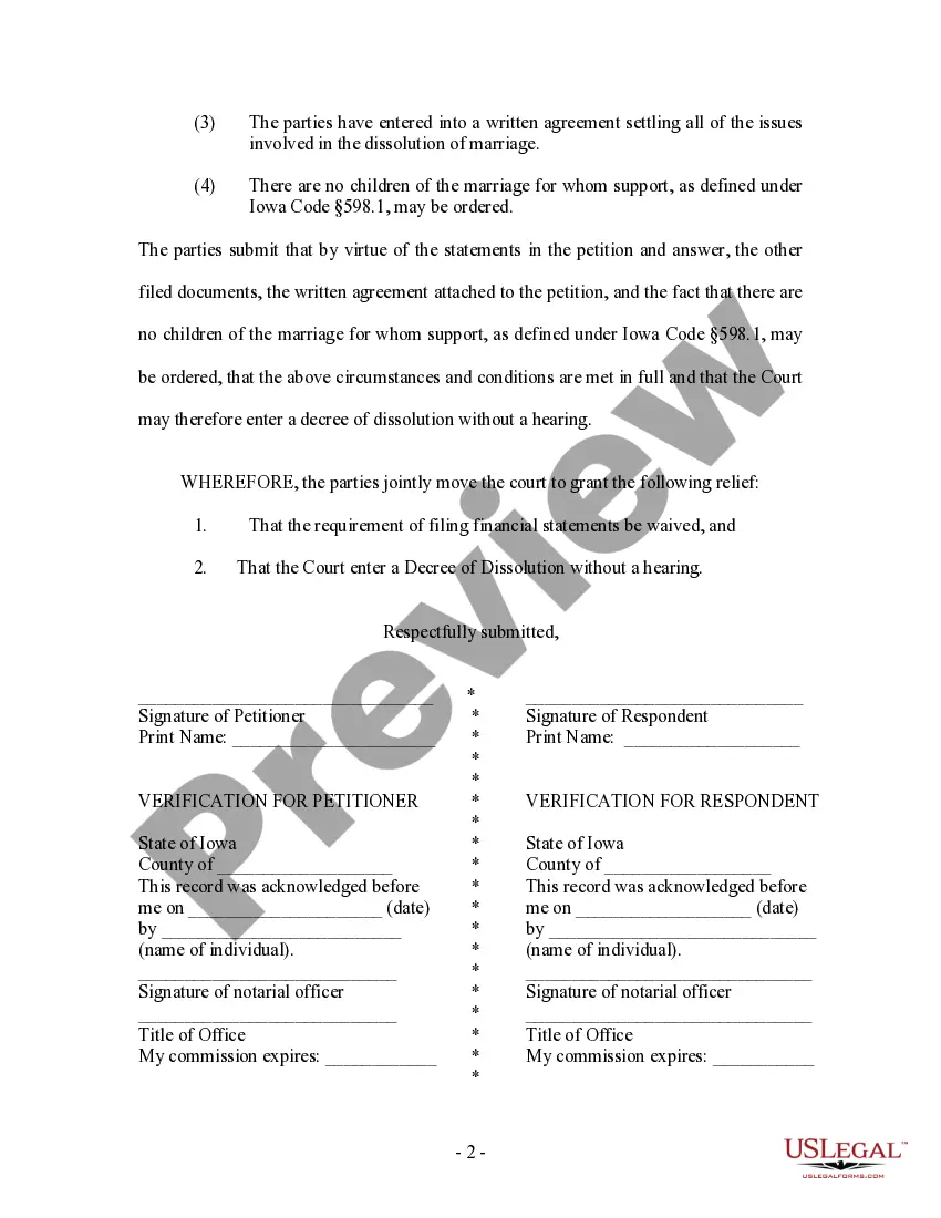 Preview Joint Motion to Waive Financial Statements and for Court to Enter Decree Without Hearing - Adult Children
