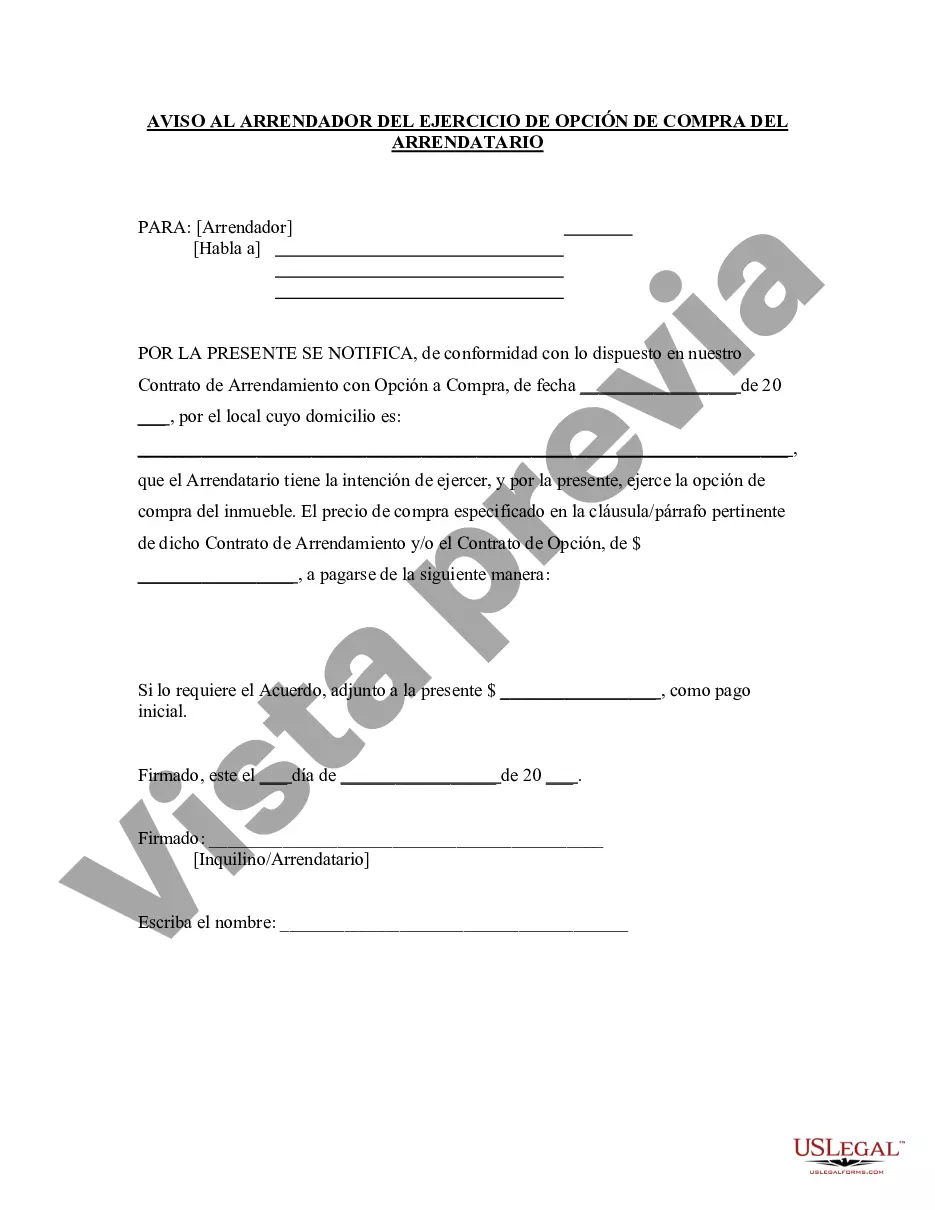 Get Aviso al arrendador sobre el ejercicio de la opción de compra Preview Aviso al arrendador sobre el ejercicio de la opción de compra