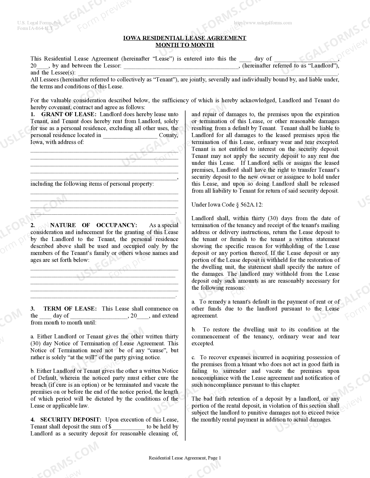 Iowa Residential Lease or Rental Agreement for Month to Month Iowa