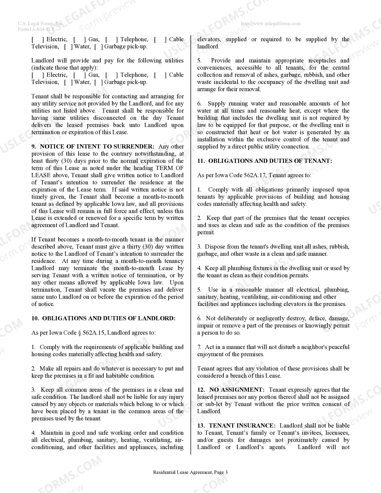 Preview Residential Lease or Rental Agreement for Month to Month