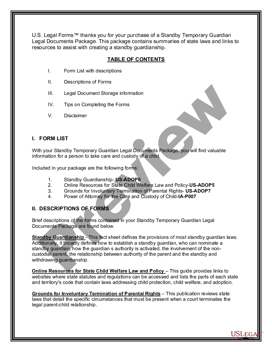 page 1 Iowa Standby Temporary Guardian Legal Documents Package preview