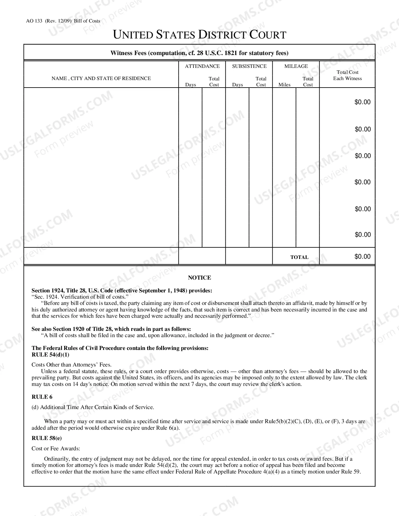 Preview Bill of Costs