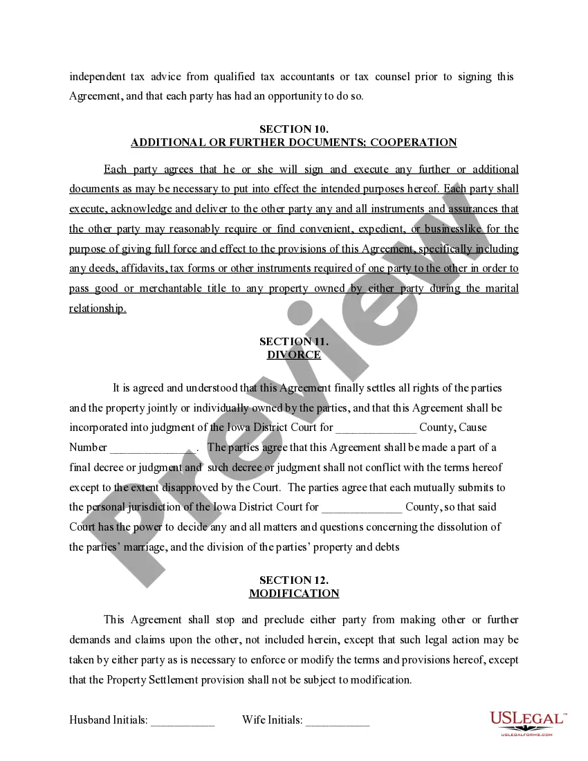 Preview Marital Legal Separation and Property Settlement Agreement for persons with No Children, No Joint Property or Debts where Divorce Action Filed