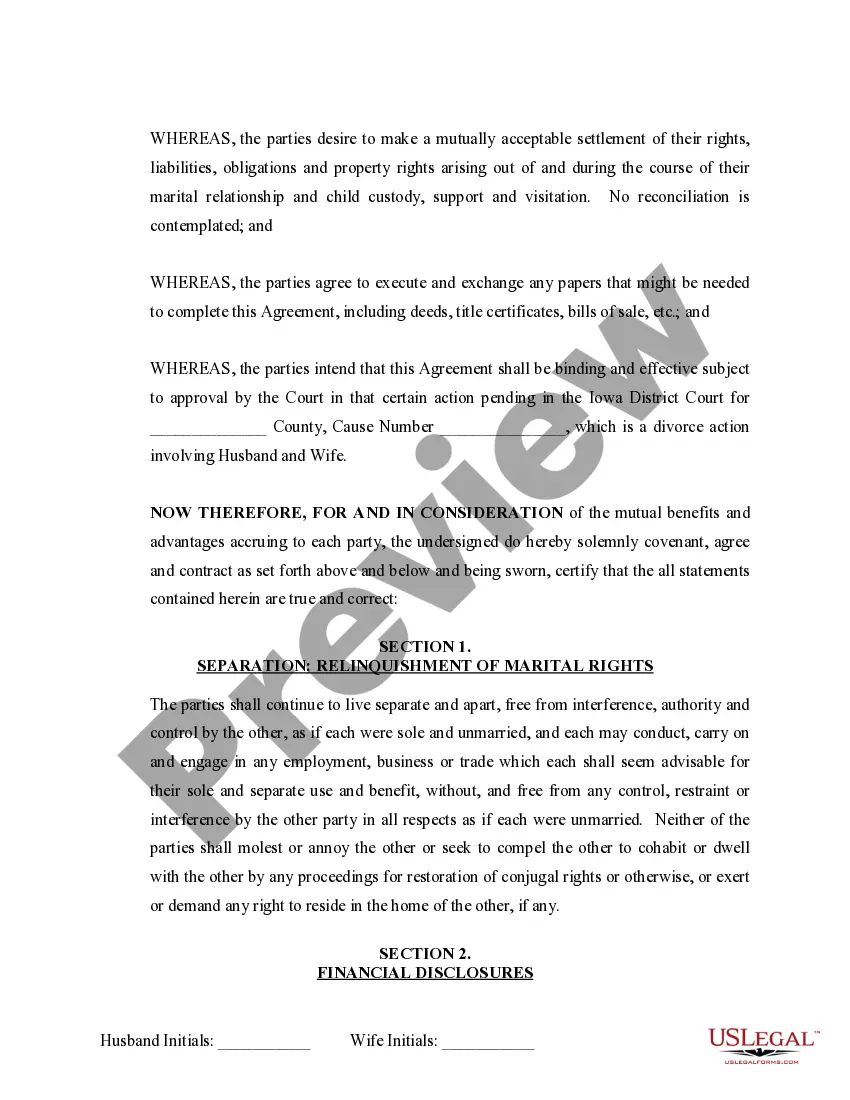 Preview Marital Legal Separation and Property Settlement Agreement Minor Children no Joint Property or Debts where Divorce Action Filed