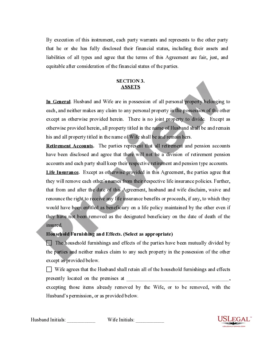 Preview Marital Legal Separation and Property Settlement Agreement Minor Children no Joint Property or Debts where Divorce Action Filed