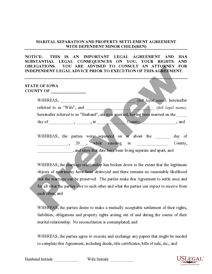 Get Marital Legal Separation and Property Settlement Agreement Minor Children no Joint Property or Debts effective Immediately Preview Marital Legal Separation and Property Settlement Agreement Minor Children no Joint Property or Debts effective Immediately