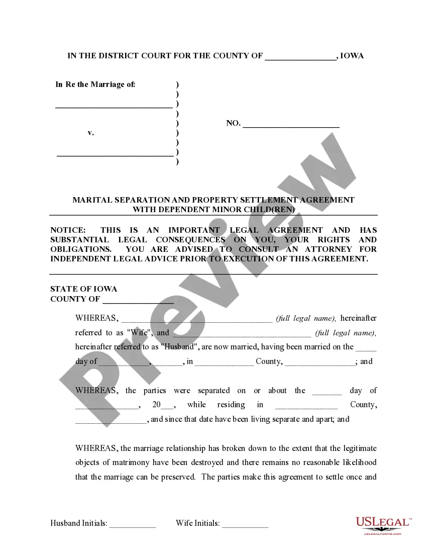 Preview Marital Legal Separation and Property Settlement Agreement Minor Children Parties May have Joint Property or Debts where Divorce Action Filed