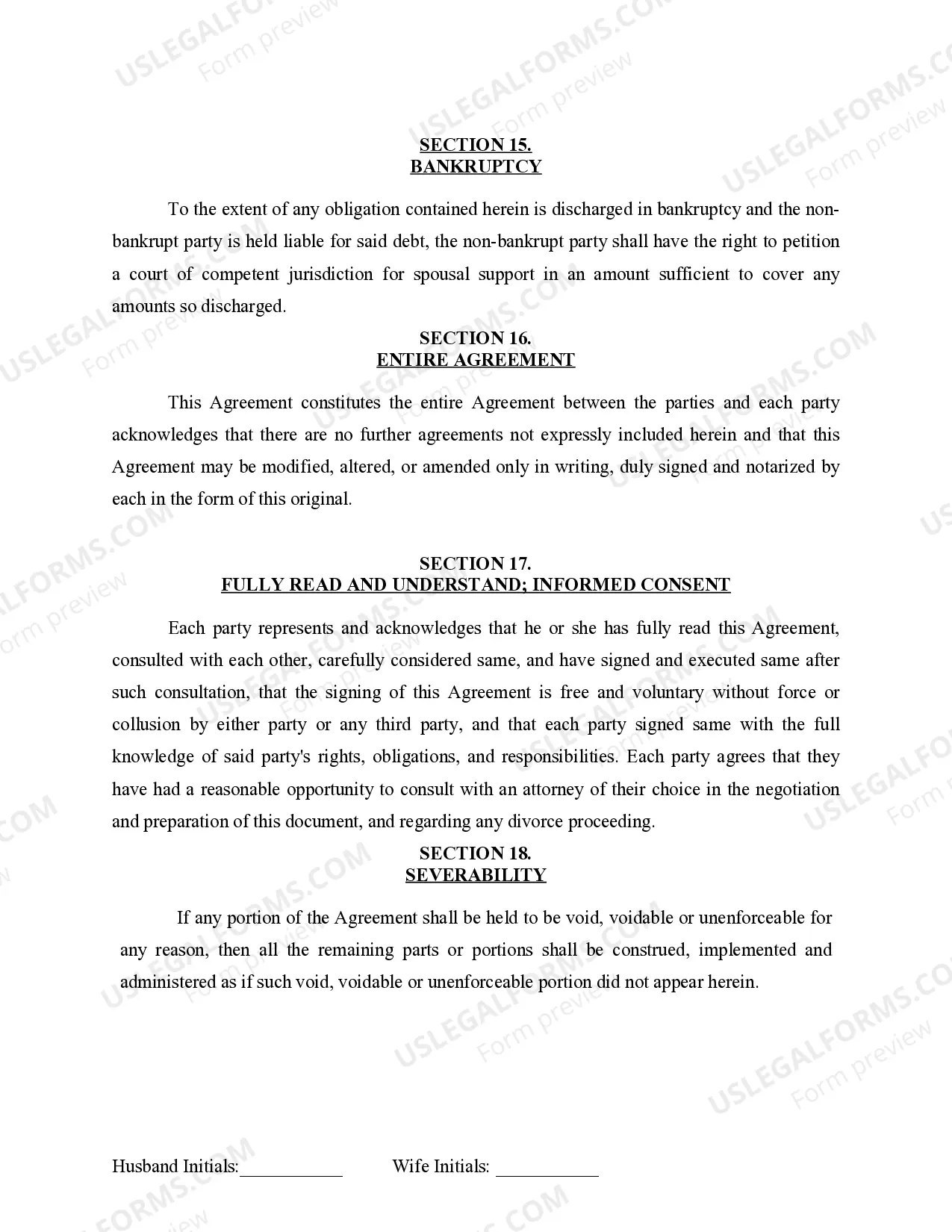 Preview Marital Legal Separation and Property Settlement Agreement for persons with no Children, no Joint Property, or Debts Effective Immediately
