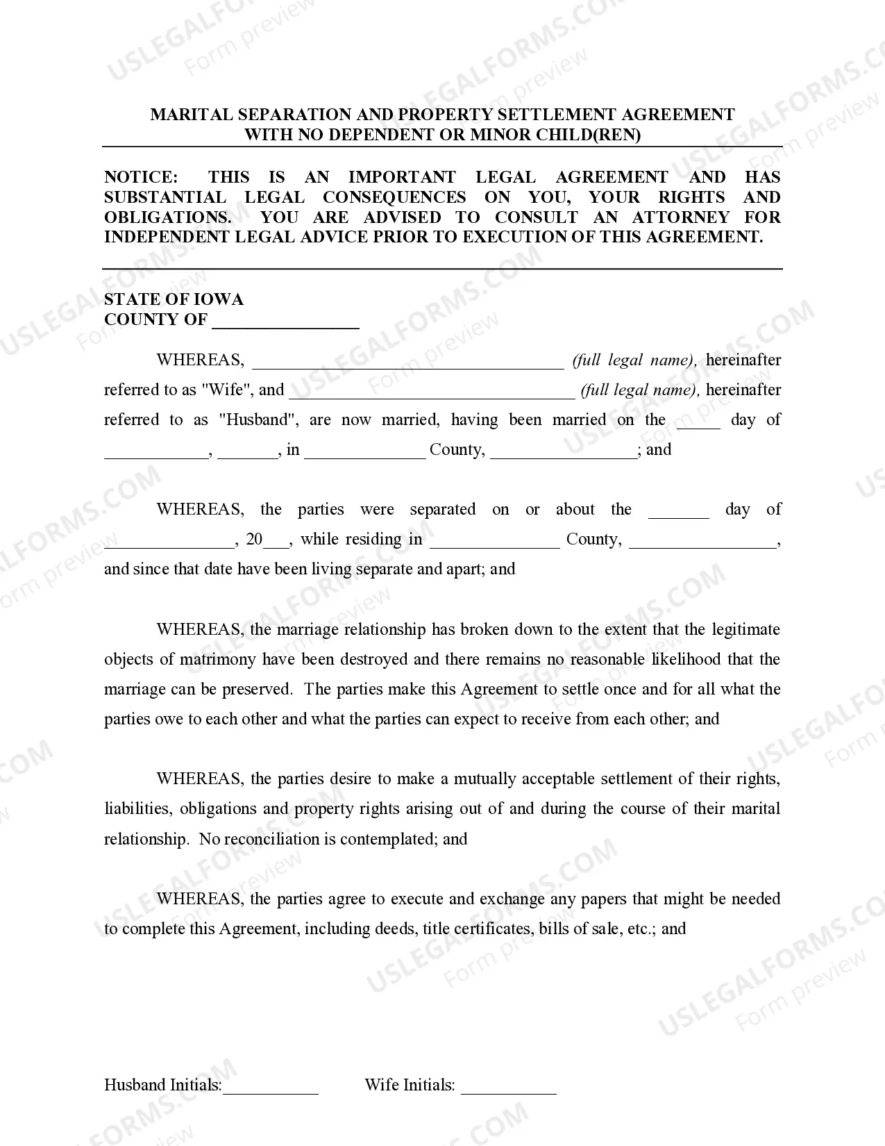 Preview Marital Legal Separation and Property Settlement Agreement for persons with no Children, no Joint Property, or Debts Effective Immediately