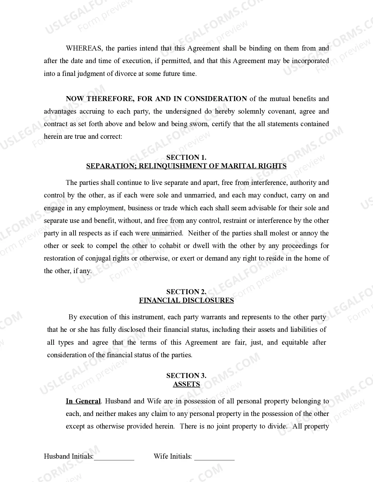 Preview Marital Legal Separation and Property Settlement Agreement for persons with no Children, no Joint Property, or Debts Effective Immediately