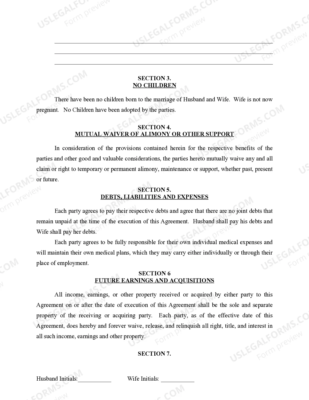 Preview Marital Legal Separation and Property Settlement Agreement for persons with no Children, no Joint Property, or Debts Effective Immediately