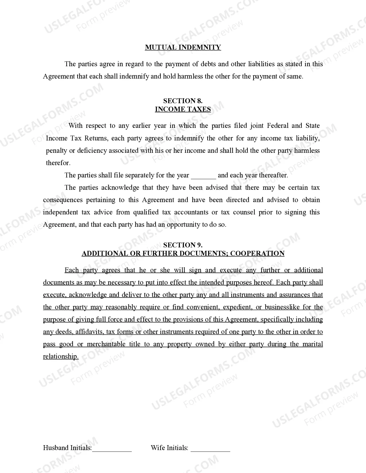 Preview Marital Legal Separation and Property Settlement Agreement for persons with no Children, no Joint Property, or Debts Effective Immediately