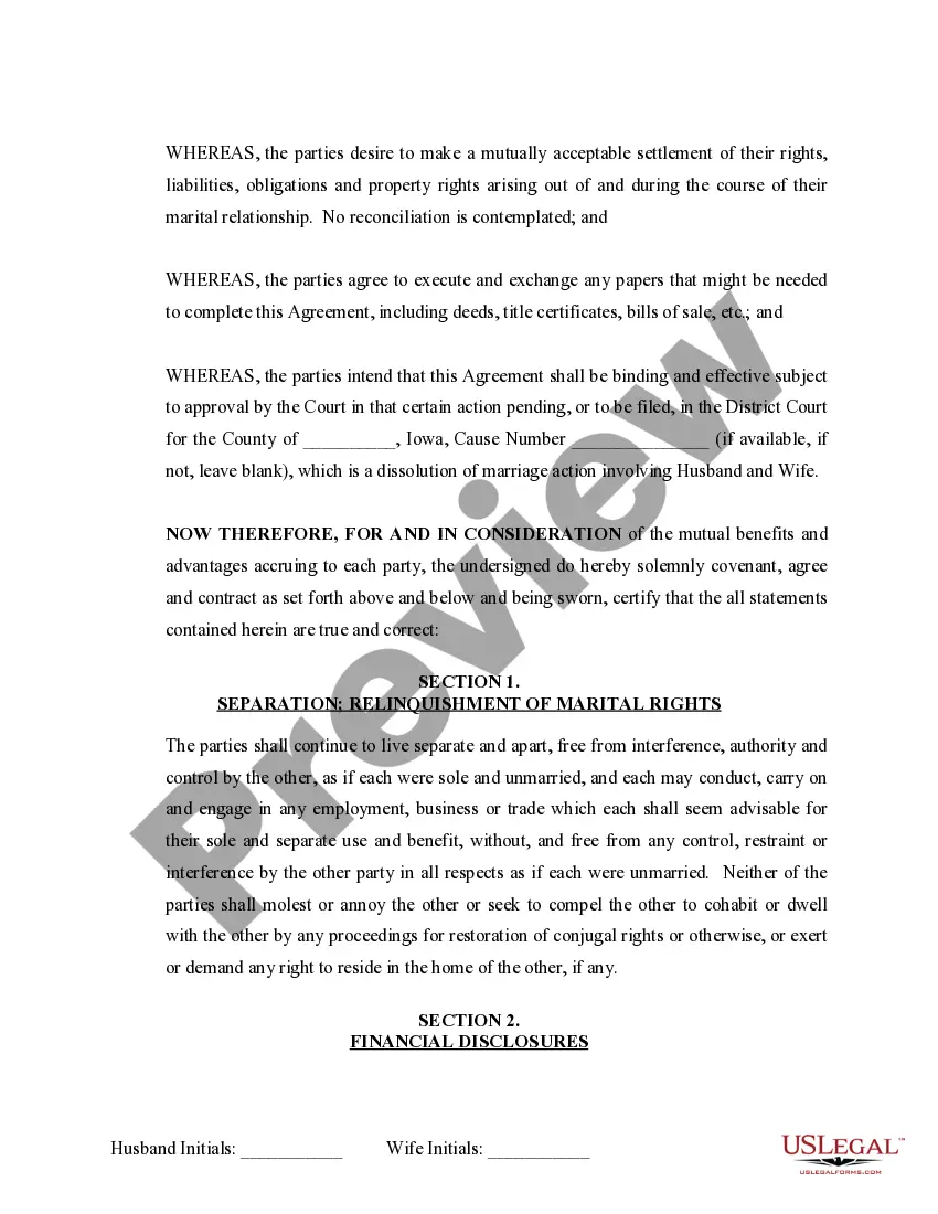 Preview Marital Legal Separation and Property Settlement Agreement no Children parties may have Joint Property or Debts where Divorce Action Filed