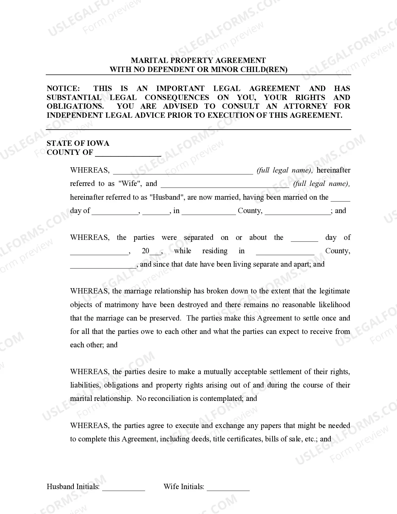 Preview Marital Legal Separation and Property Settlement Agreement no Children parties may have Joint Property or Debts Effective Immediately