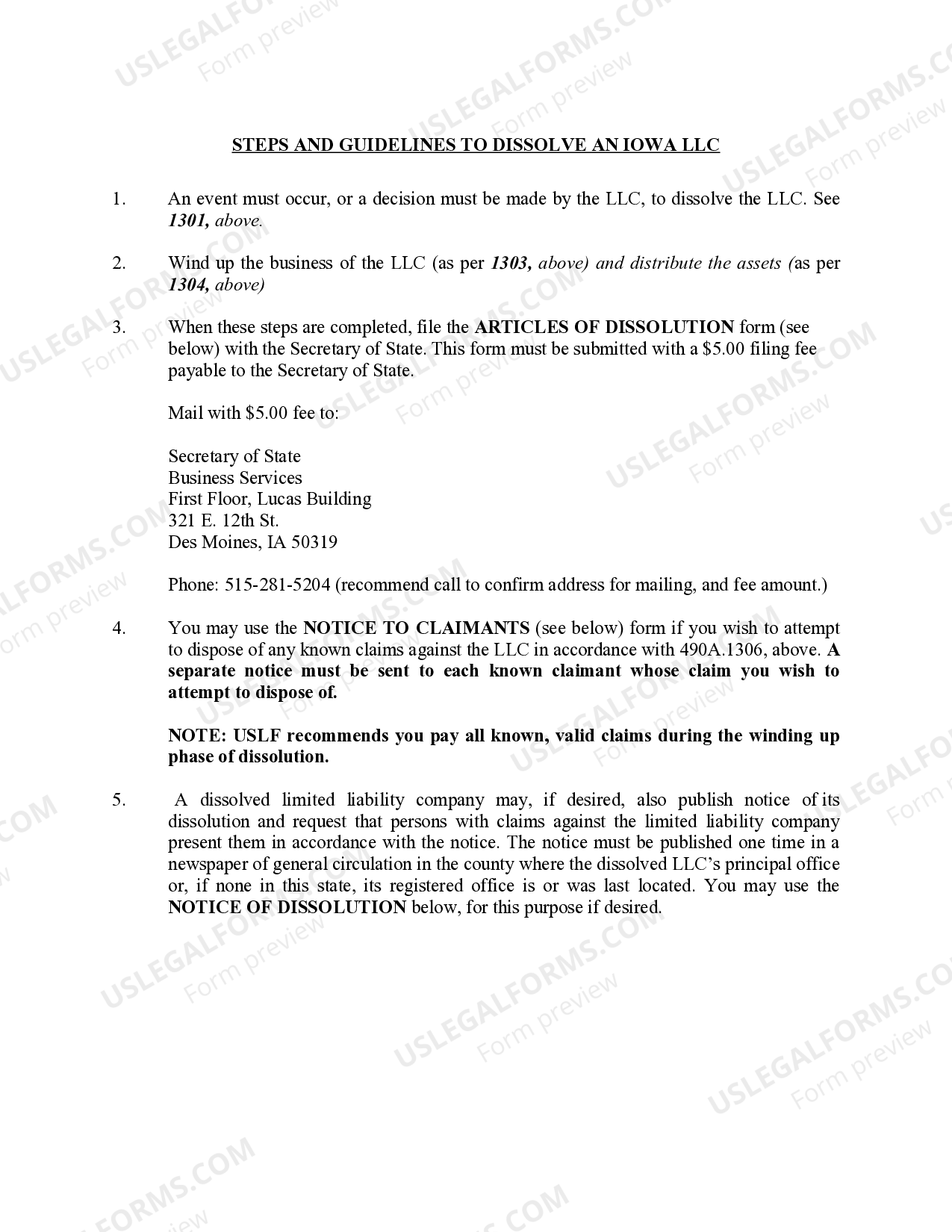 Iowa Dissolution Package to Dissolve Limited Liability Company LLC