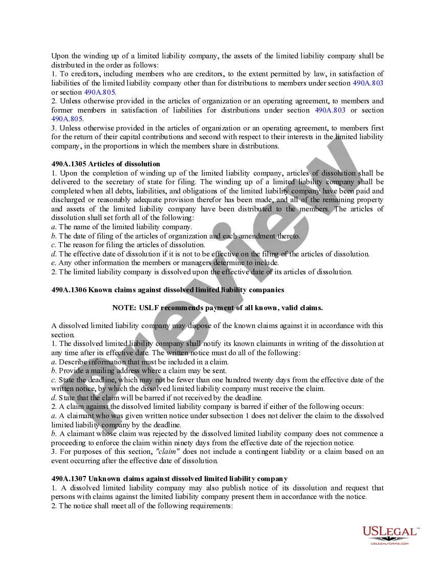 Get Iowa Dissolution Package to Dissolve Limited Liability Company LLC Preview Iowa Dissolution Package to Dissolve Limited Liability Company LLC