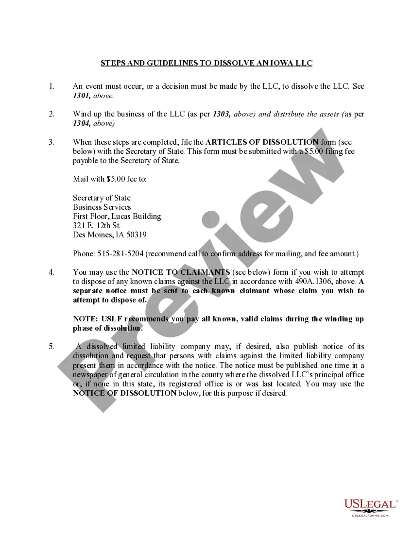 Get Iowa Dissolution Package to Dissolve Limited Liability Company LLC Preview Iowa Dissolution Package to Dissolve Limited Liability Company LLC
