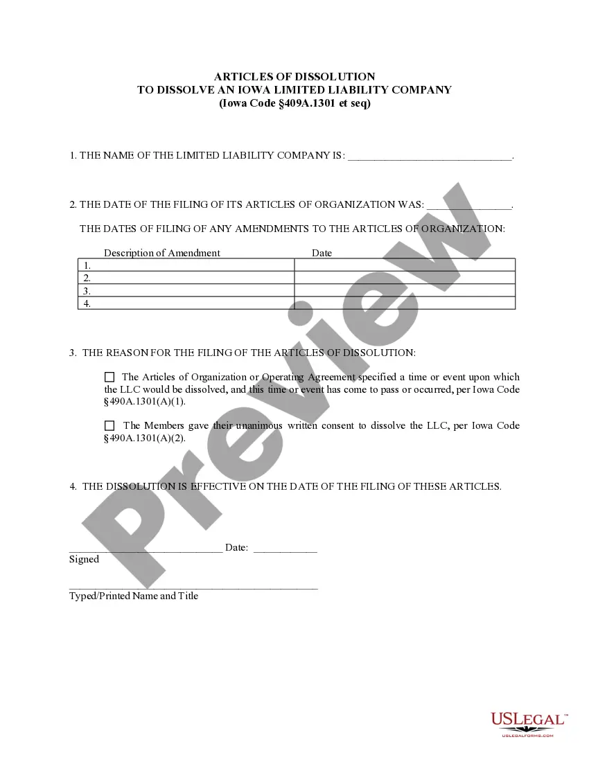 Get Iowa Dissolution Package to Dissolve Limited Liability Company LLC Preview Iowa Dissolution Package to Dissolve Limited Liability Company LLC