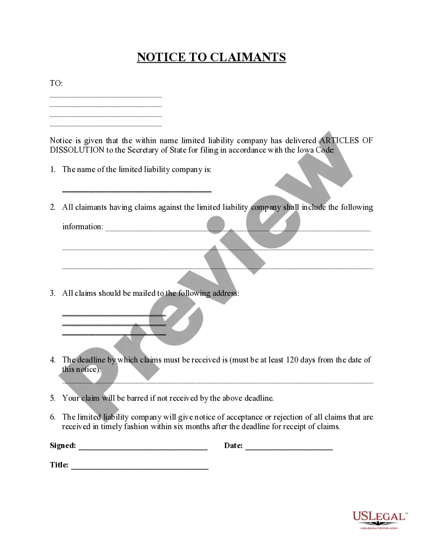 Get Iowa Dissolution Package to Dissolve Limited Liability Company LLC Preview Iowa Dissolution Package to Dissolve Limited Liability Company LLC