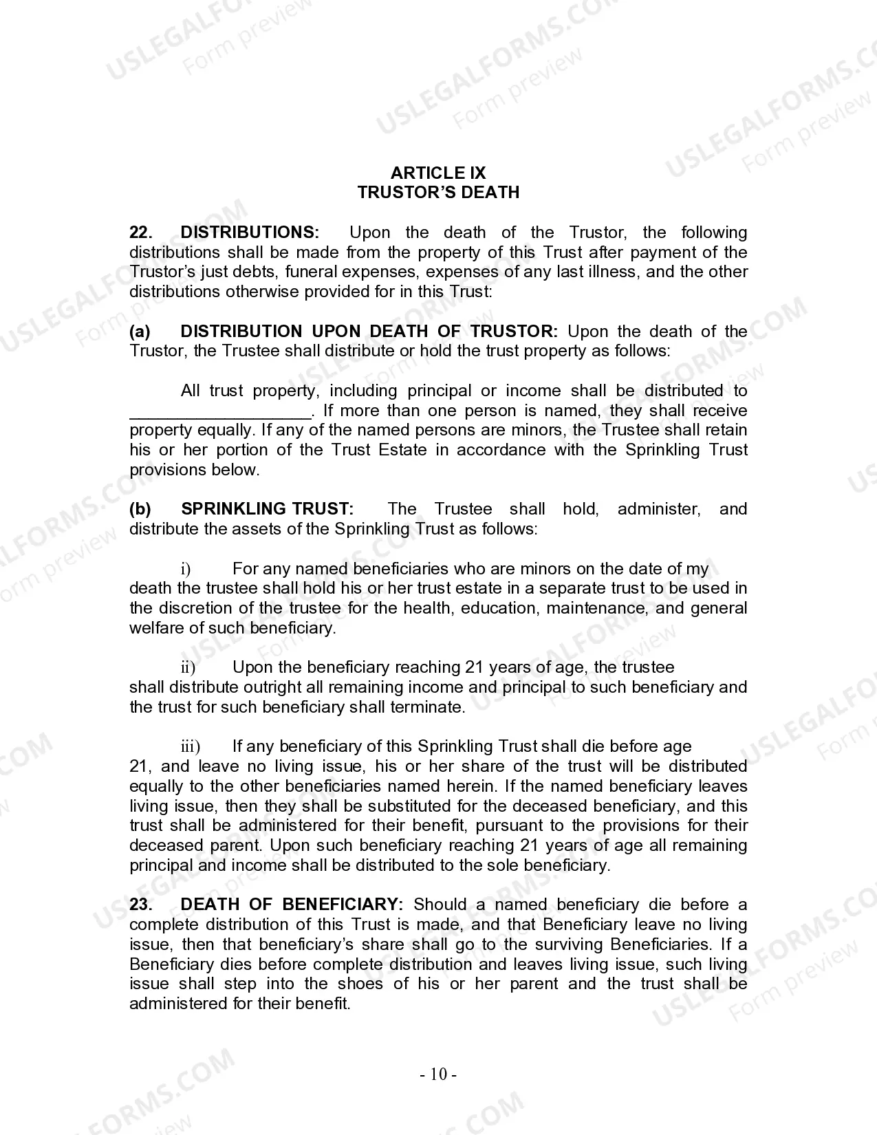 Preview Living Trust for Individual Who is Single, Divorced or Widow (or Widower) with No Children