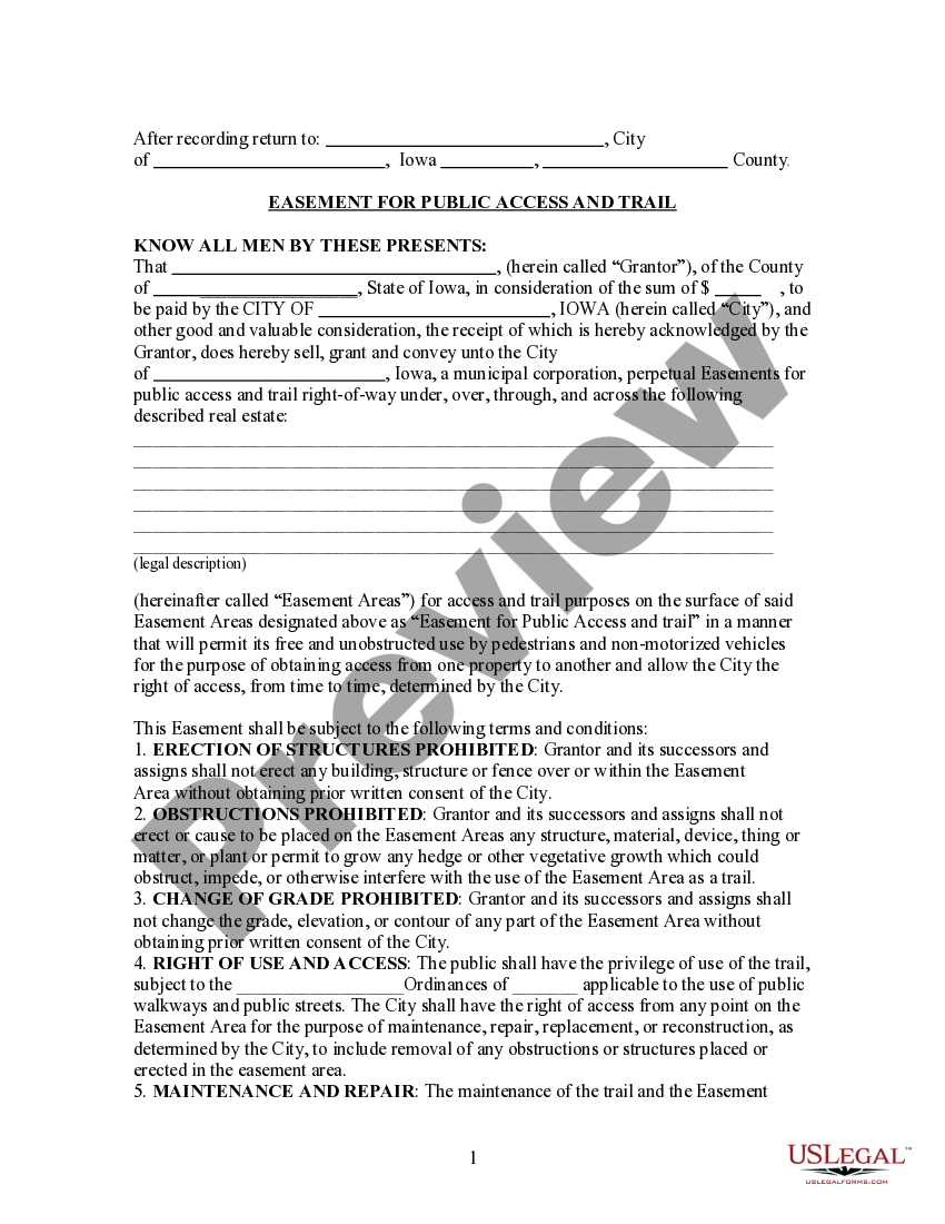 Iowa Easement for Public Access and Trail Easement Real Estate US