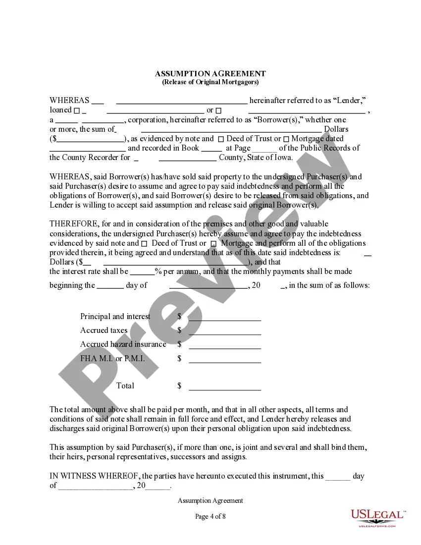 Preview Assumption Agreement of Mortgage and Release of Original Mortgagors