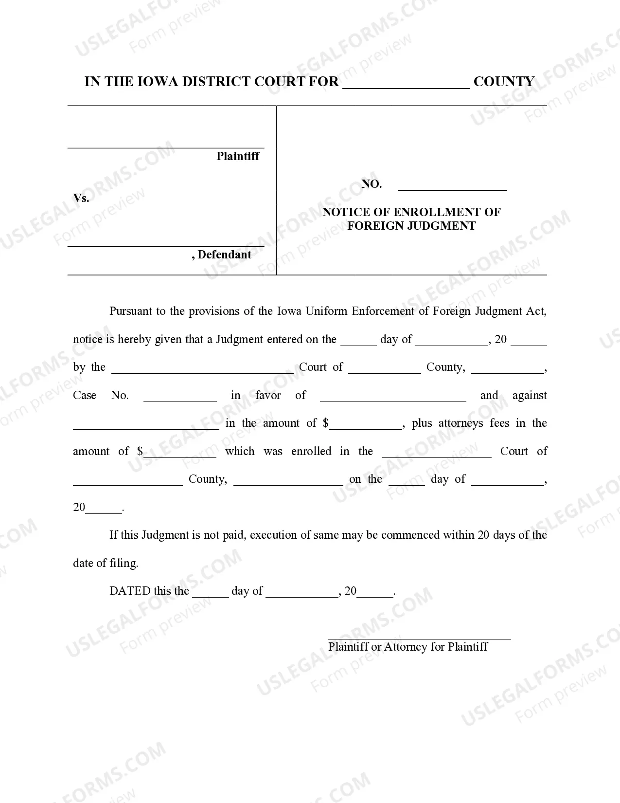 Preview Iowa Foreign Judgment Enrollment